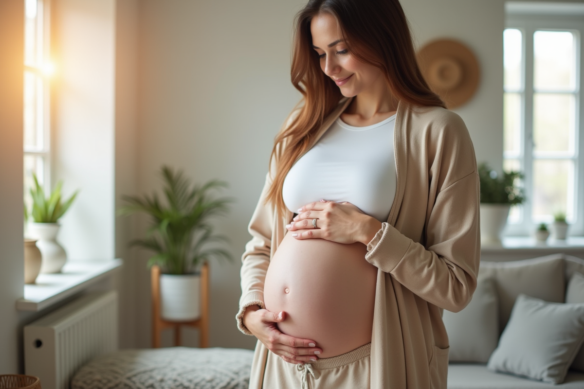 Femme touchant son ventre postgrossesse dans un salon lumineux