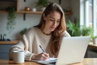 Femme assise à une table de cuisine moderne en train de prendre des notes