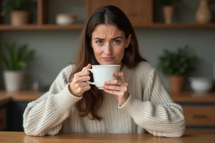 Femme grimançant après avoir bu un café trop chaud, tenant une tasse en céramique dans une cuisine en bois