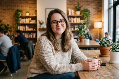 Femme détendue avec lunettes rondes dans un café cosy