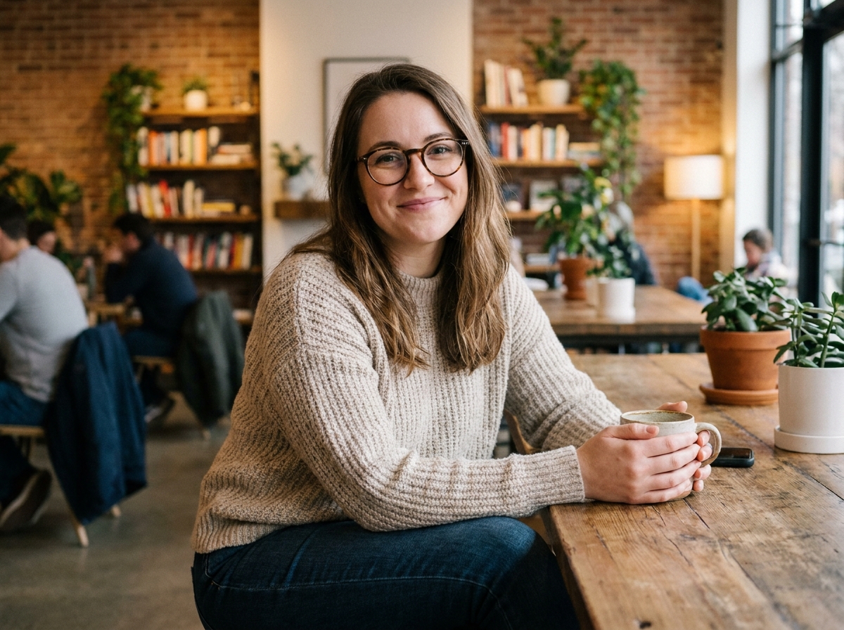 Femme détendue avec lunettes rondes dans un café cosy