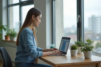 Femme utilisant une calculatrice d'espérance de vie dans un appartement lumineux