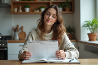 Jeune femme avec calendrier dans une cuisine chaleureuse
