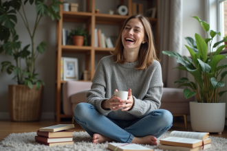 Femme souriante assise sur le sol avec livres et plante