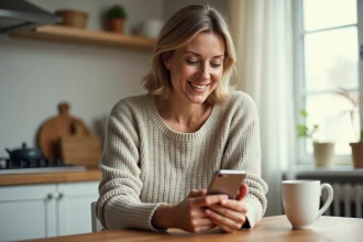 Femme consultant une application santé sur smartphone dans sa cuisine, illustrant le réflexe médecin du quotidien