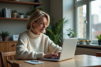 Femme en consultation vidéo à domicile avec son ordinateur