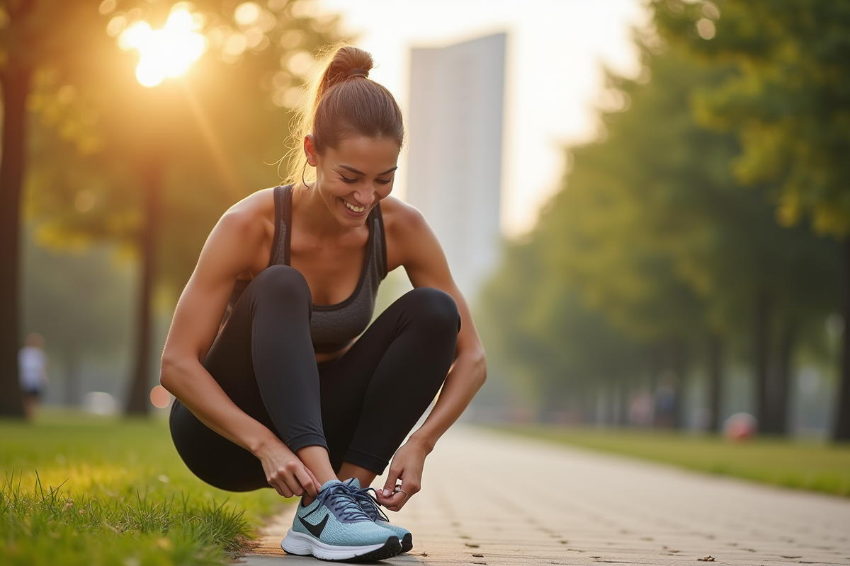 Femme en tenue de sport nouant ses chaussures de course dans un parc urbain ensoleille