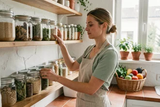 Femme rangeant des bocaux en verre d'épices et de légumineuses dans une cuisine en bois style scandinave, illustration d'un quotidien zéro déchet et minimaliste