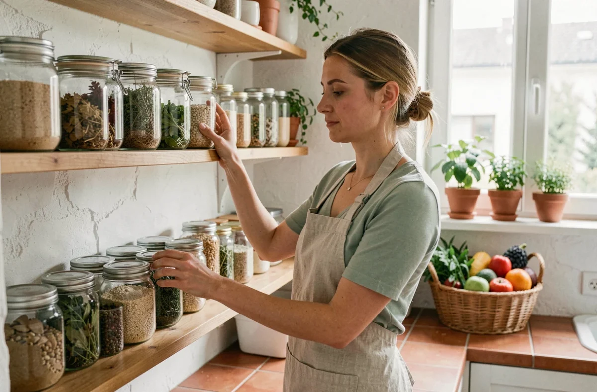 Femme rangeant des bocaux en verre d'épices et de légumineuses dans une cuisine en bois style scandinave, illustration d'un quotidien zéro déchet et minimaliste