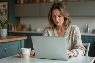 Femme assise à une table de cuisine moderne utilisant un ordinateur portable