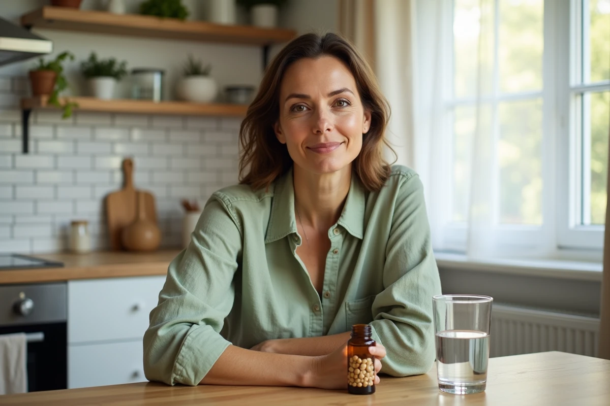 Femme prenant sa cure de compléments alimentaires Floravia Avis dans une cuisine naturelle en bois