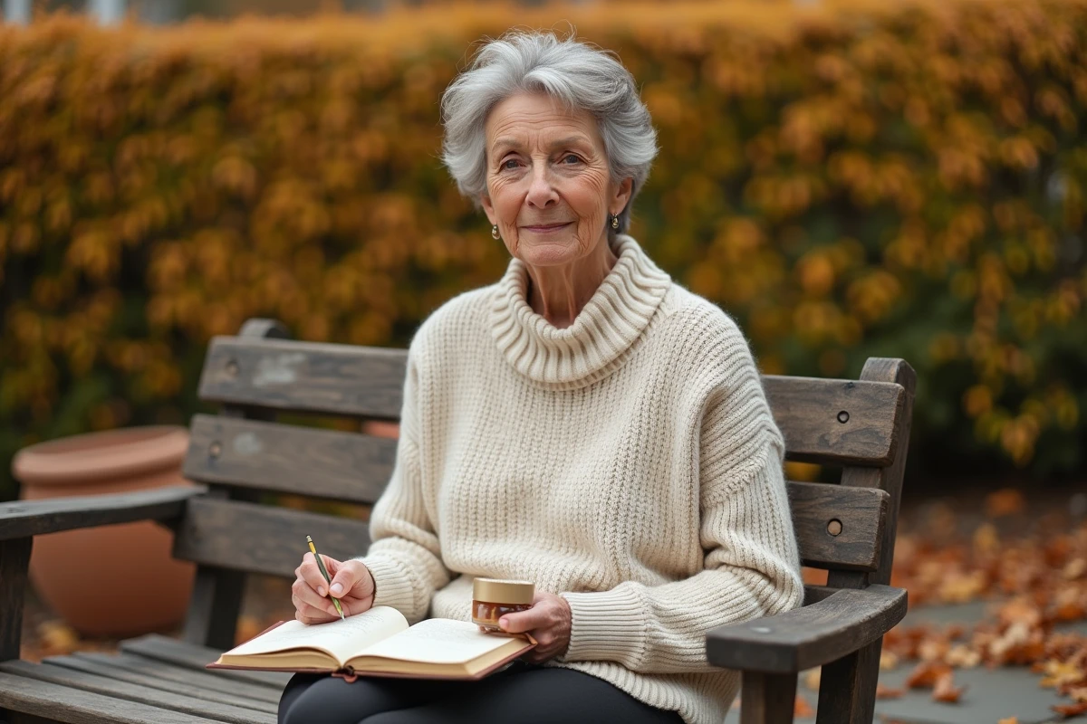 Femme mature suivant sa cure Floravia Avis dans un jardin automnal en prenant des notes dans un journal bien-être