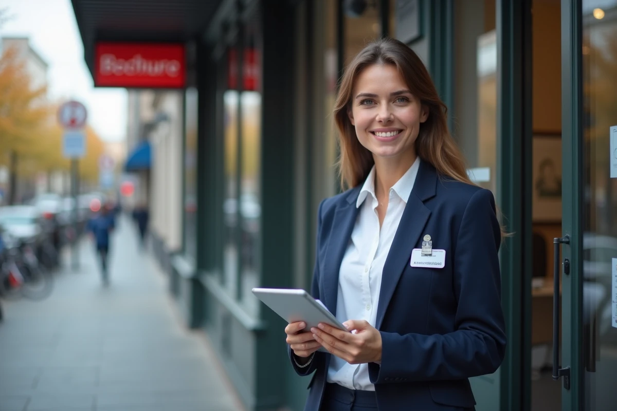 Jeune femme médecin devant une clinique en ville avec tablette