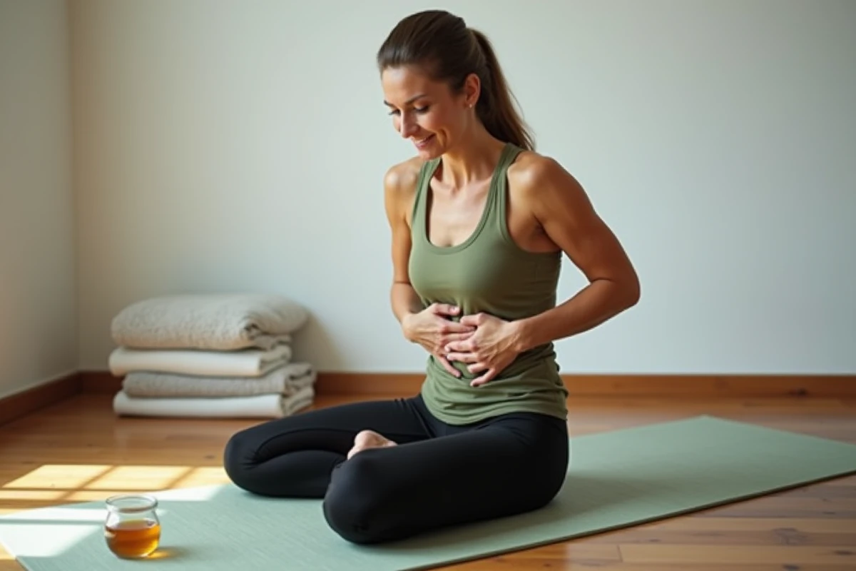 Femme sur un tapis de yoga tenant son côté droit, illustrant la douleur au foie après un mois sans alcool