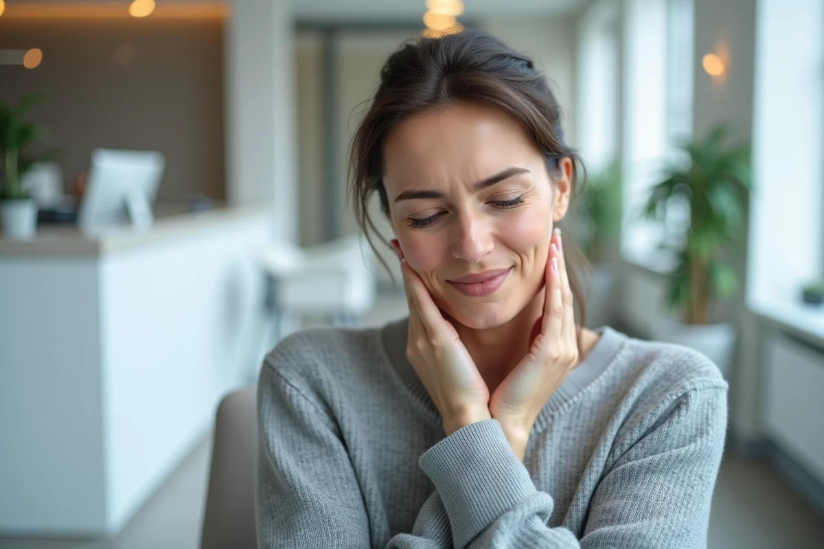 Femme tenant sa mâchoire avec douleur dans une salle d'attente dentaire, illustrant la douleur dentaire et le ganglion sous la mâchoire