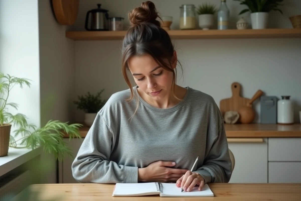 Femme à la maison ressentant des douleurs abdominales liées à un stérilet, prenant des notes pour consulter un médecin