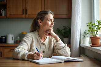Femme assise à la cuisine en train d'écrire dans un journal