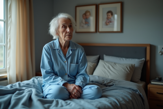 Femme âgée assise sur le lit dans une chambre chaleureuse