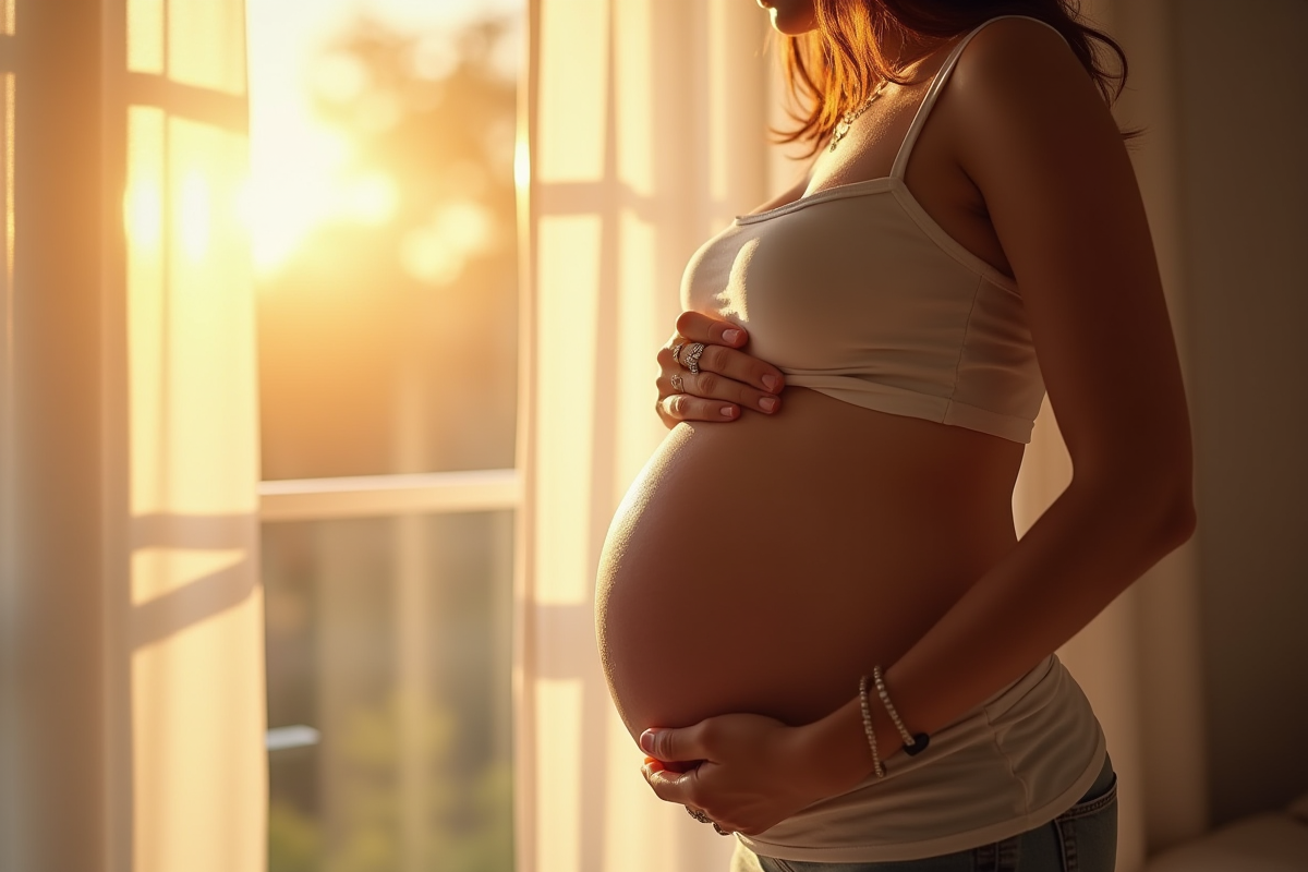 Femme enceinte tenant un collier bola de grossesse près du ventre