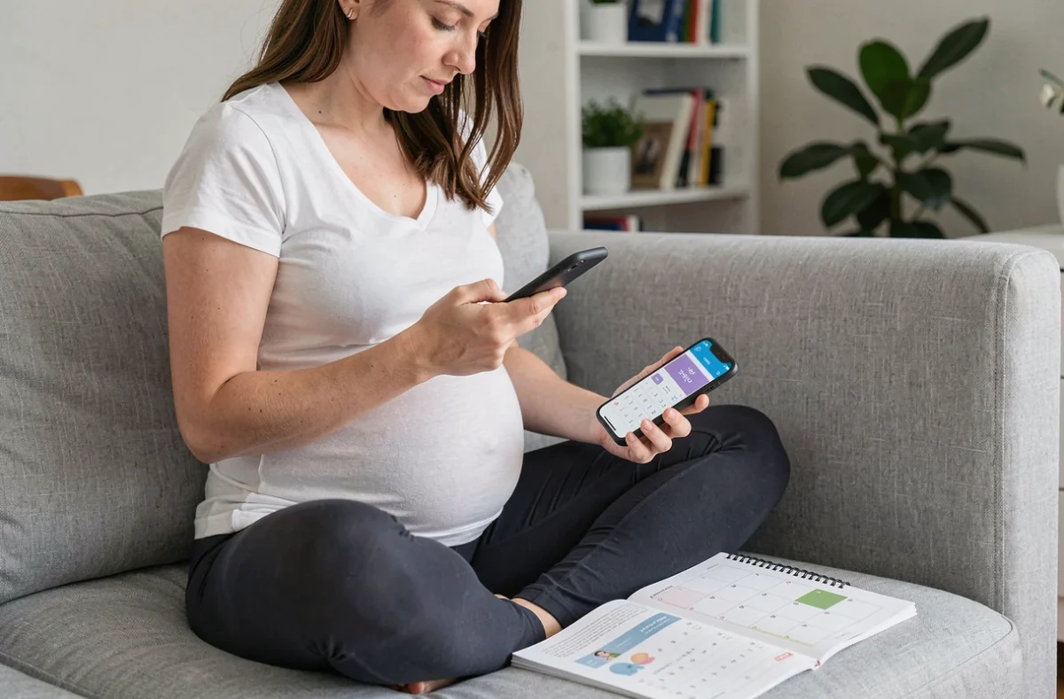 Femme enceinte calculant sa date d'accouchement sur smartphone avec un calendrier imprimé sur un canapé