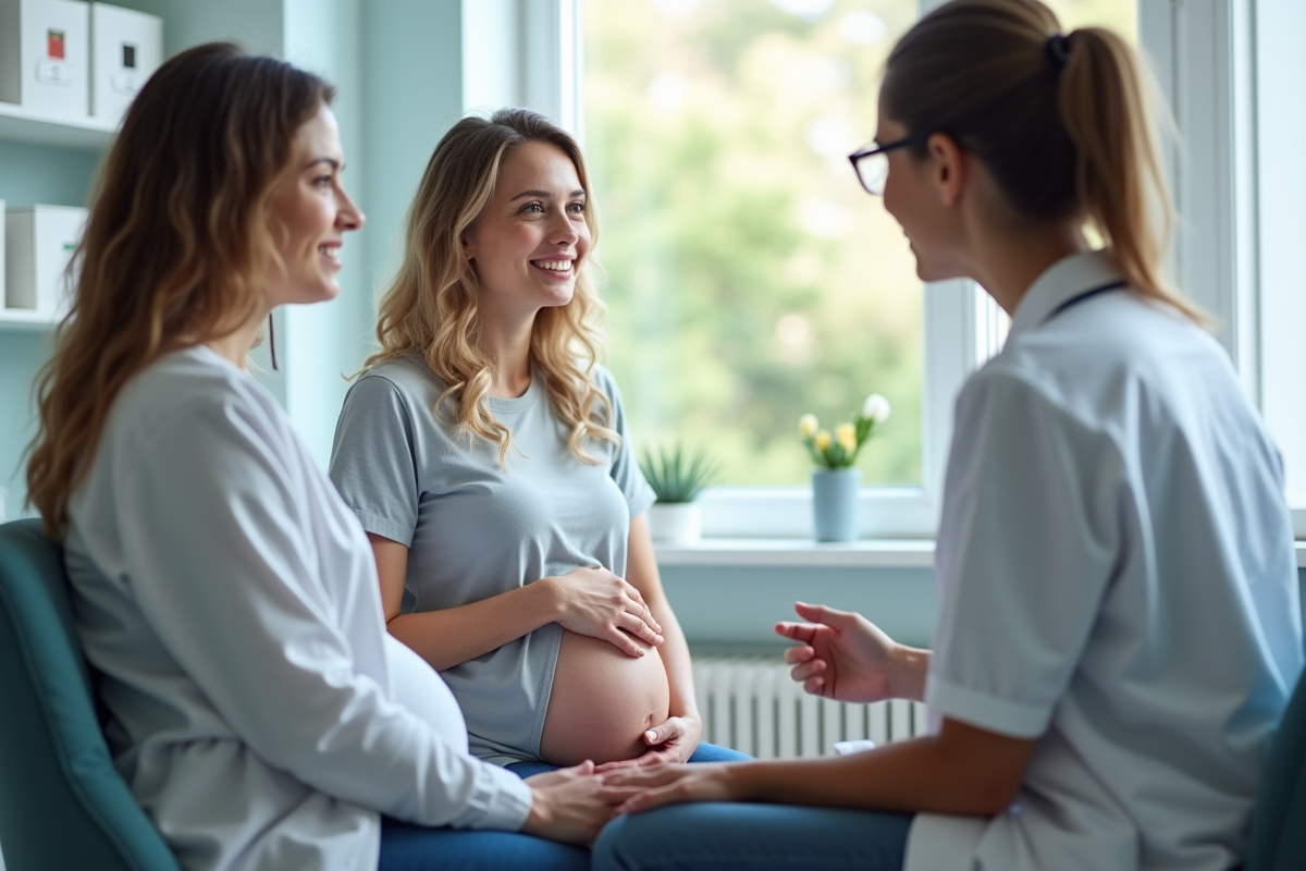 Femme enceinte avec partenaire dans une clinique lumineuse