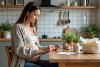 Femme enceinte lisant étiquettes alimentaires dans la cuisine