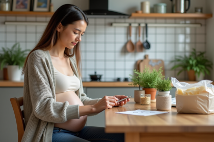 Femme enceinte lisant &eacute;tiquettes alimentaires dans la cuisine