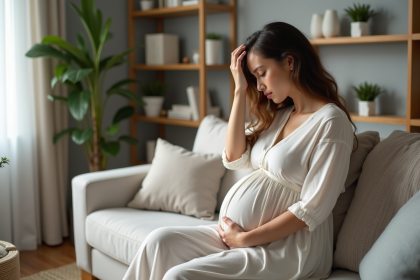 Femme enceinte assise sur un canap&eacute; &agrave; la maison