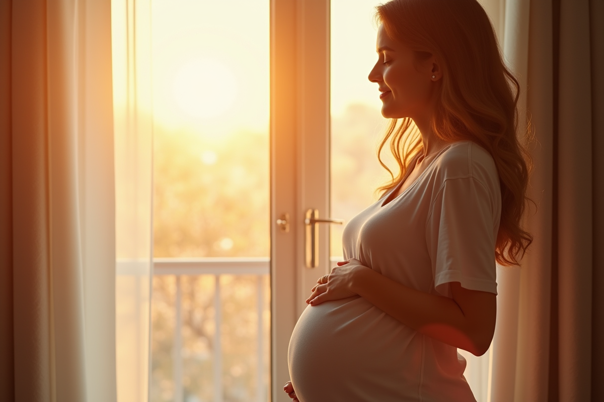 Femme enceinte près d'une fenêtre lumineuse et paisible