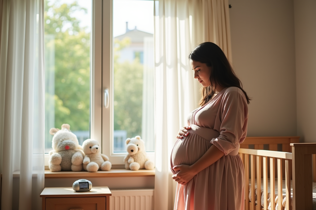 Femme enceinte dans la nursery avec enregistrement audio