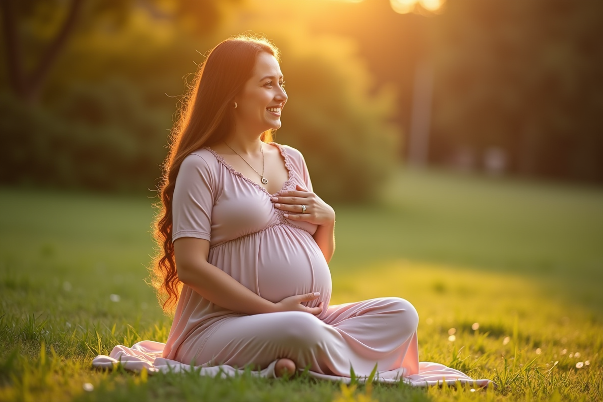 Femme enceinte assise dans un parc ensoleillee souriant avec collier