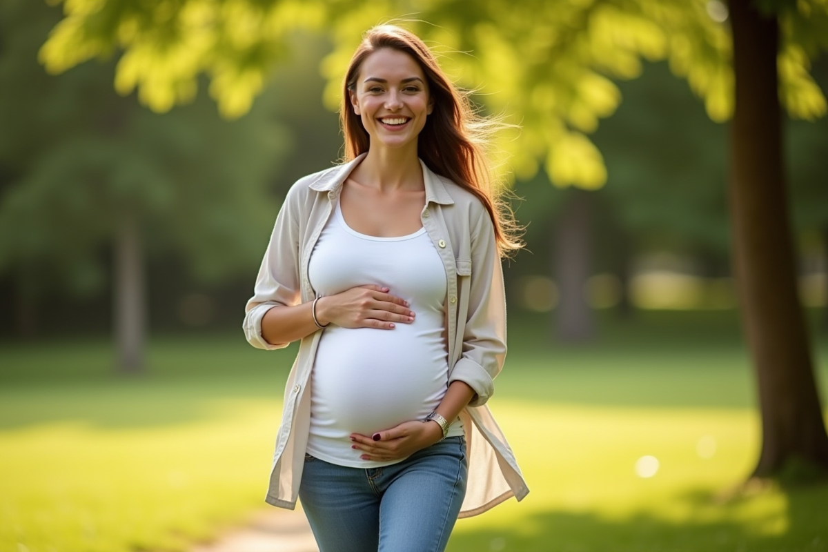 Femme enceinte marchant dans un parc ensoleille avec bonheur