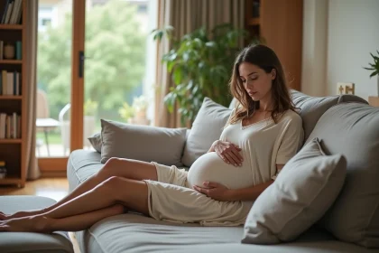 Femme enceinte se relaxant dans son salon lumineux