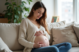 Femme enceinte dans son salon avec un pull en laine