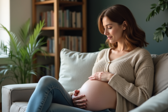 Femme enceinte assise dans un salon cosy avec son ventre