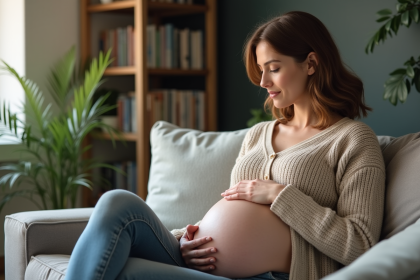 Femme enceinte assise dans un salon cosy avec son ventre