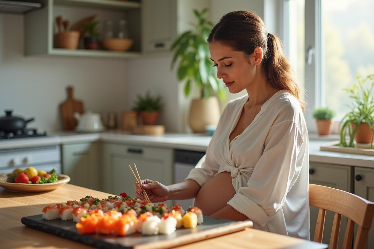 Femme enceinte dans une cuisine moderne regarde un plateau sushi
