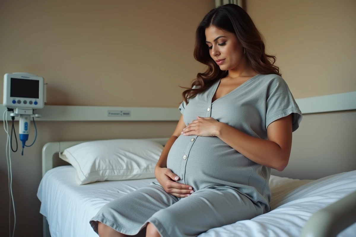 Femme enceinte dépassant le terme assise sur un lit d'hôpital en maternité, les mains sur le ventre, expression sereine et réfléchie
