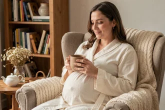 Femme enceinte tenant une tasse de tisane le soir dans un salon confortable