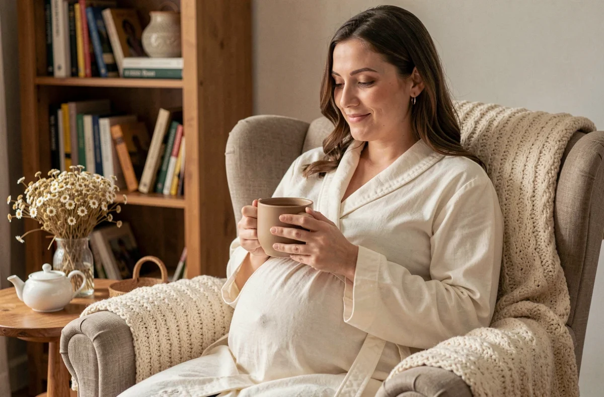 Femme enceinte tenant une tasse de tisane le soir dans un salon confortable