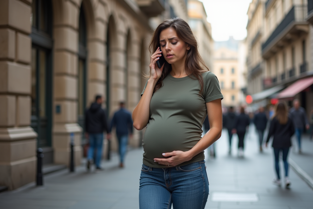 Femme enceinte dans la rue en ville parlant au téléphone