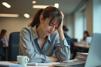 Femme épuisée au bureau entourée de dossiers et d'un écran d'ordinateur, illustrant les erreurs courantes qui drainent l'énergie au travail