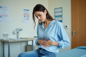 Femme en consultation médicale touchant son côté droit