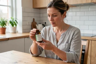 Femme examinant un complément phytothérapeutique de la marque 123 Phyto Santé dans une cuisine moderne