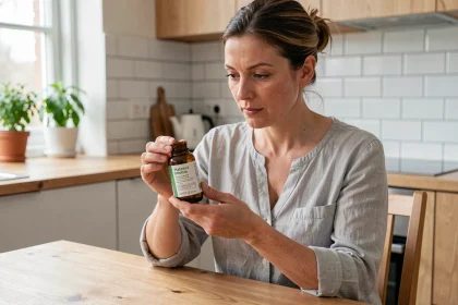 Femme examinant un complément phytothérapeutique de la marque 123 Phyto Santé dans une cuisine moderne