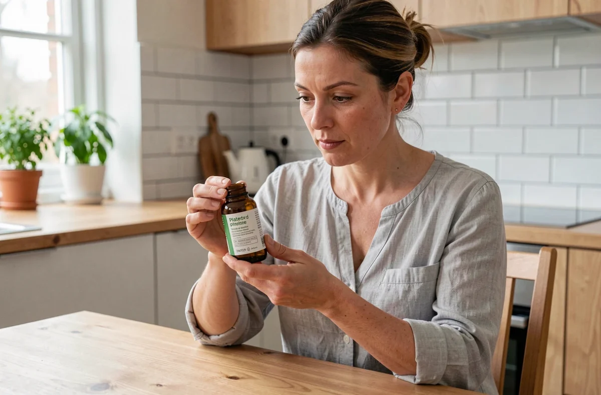 Femme examinant un complément phytothérapeutique de la marque 123 Phyto Santé dans une cuisine moderne