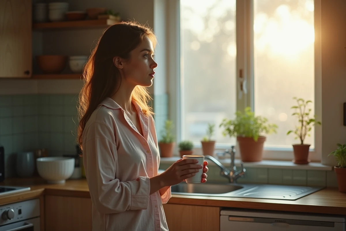 Jeune femme fatigu&eacute;e le matin dans sa cuisine tenant une tasse vide, symbolisant le manque d'&eacute;nergie chronique et les mauvaises habitudes quotidiennes