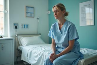 Femme d'âge moyen dans une blouse d'hôpital assise pensivement