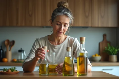 Femme méditant devant des bouteilles d'huile en cuisine