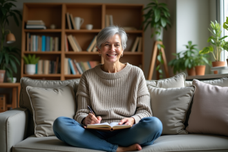 Femme méditant dans un salon cosy et accueillant